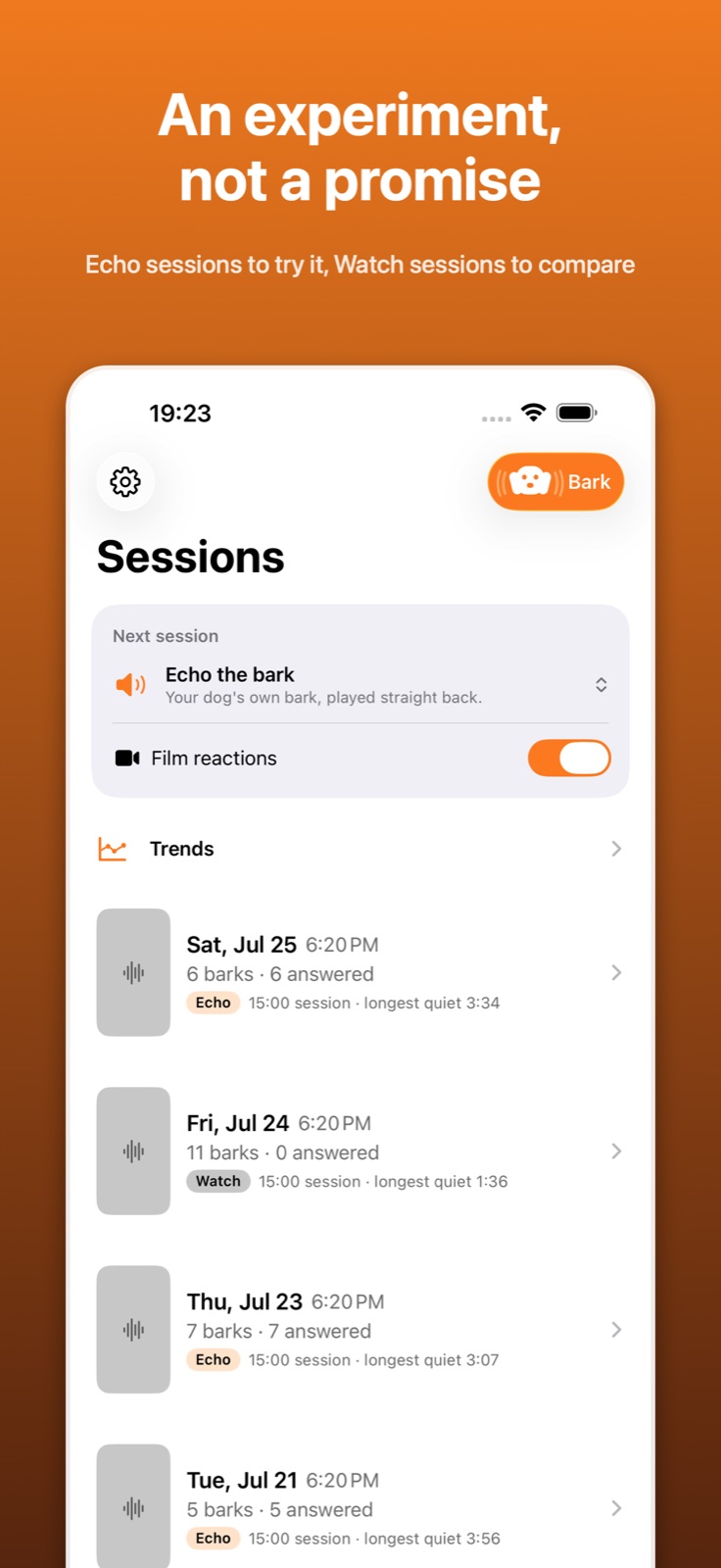 Bark Back sessions list showing Echo and Watch sessions with barks answered