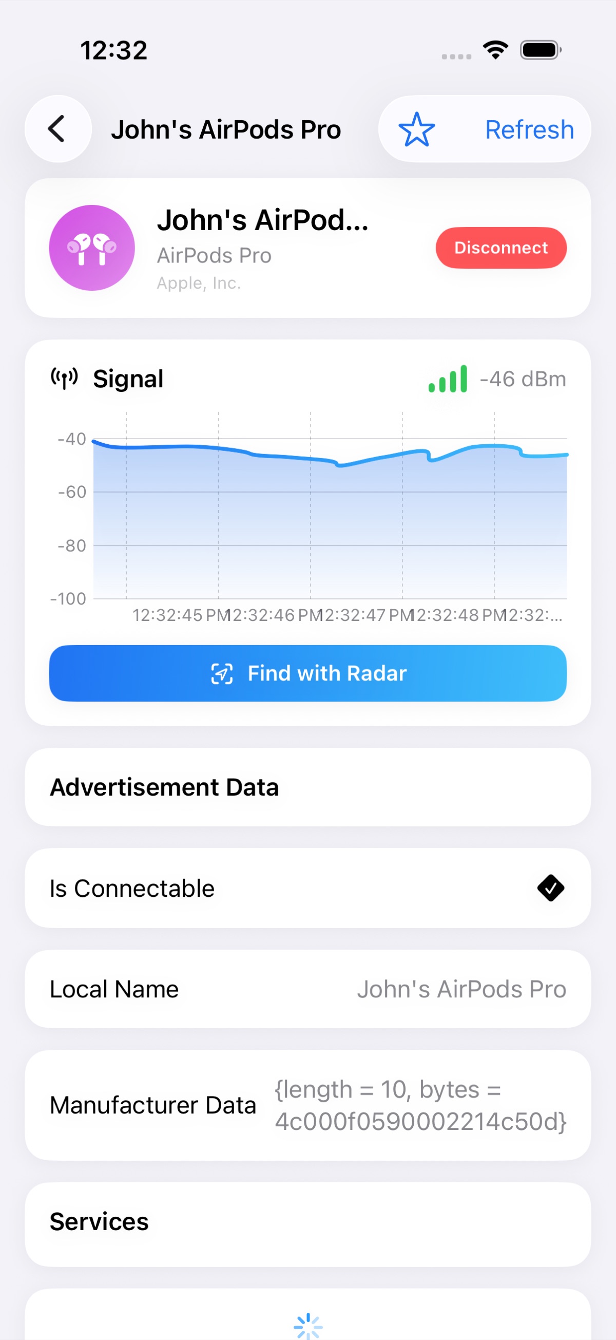 Bluetooth Itch device detail with a live RSSI signal graph