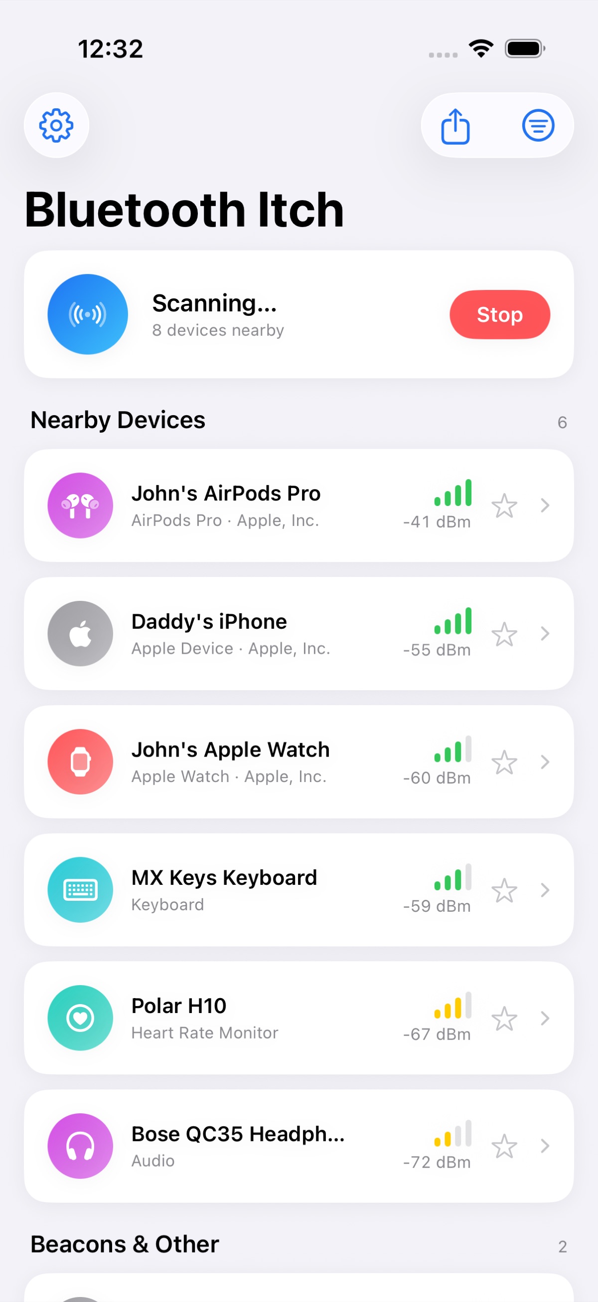 Bluetooth Itch scanning, showing nearby devices with signal strength