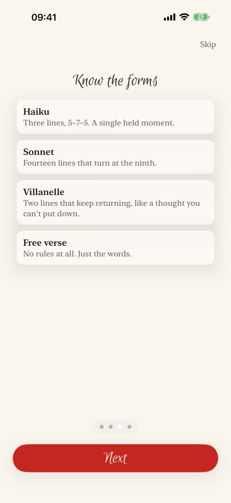 The PoeticÁI onboarding explaining haiku, sonnet, villanelle and free verse