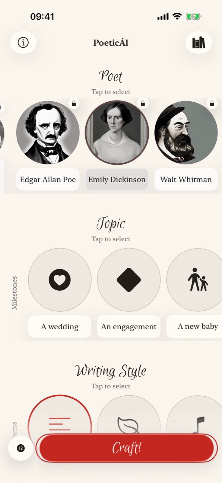 The PoeticÁI home screen, choosing a poet, an occasion, a writing style and a tone