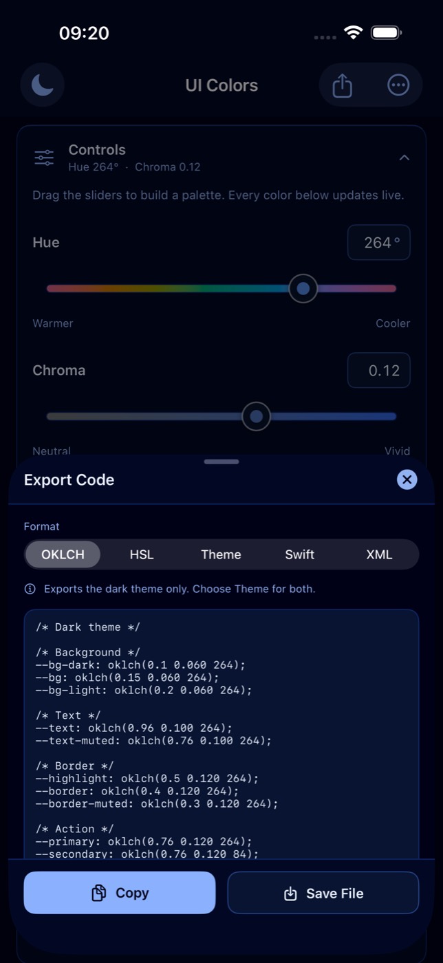 UI Color Palette Designer export sheet showing a generated SwiftUI Color extension