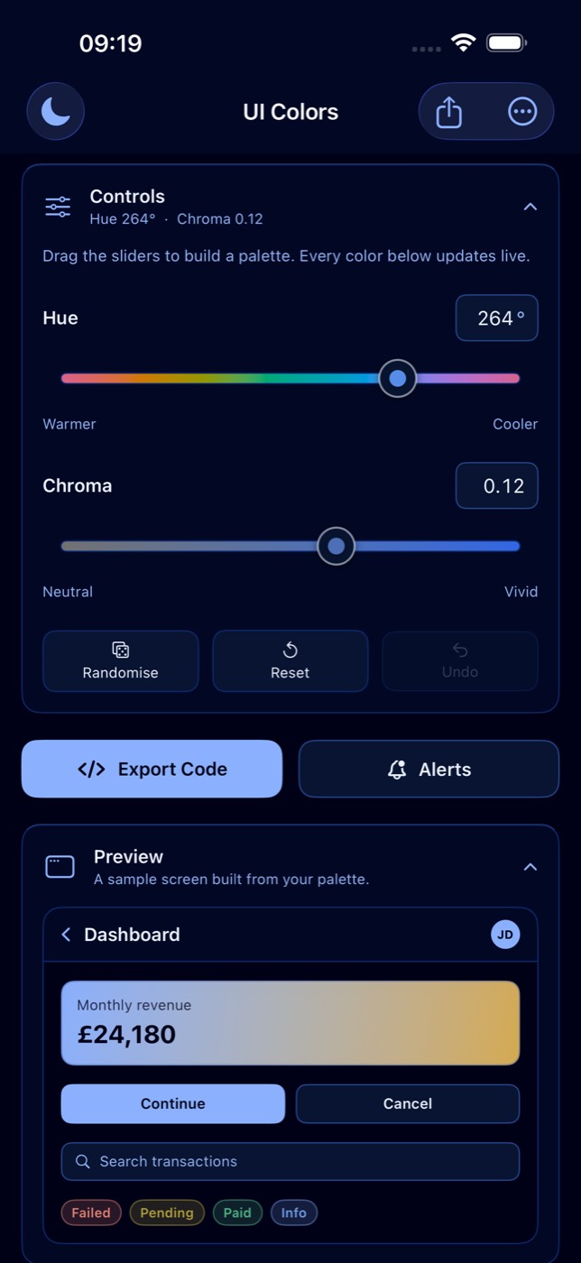UI Color Palette Designer main screen with the hue and chroma sliders above a live palette